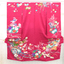 Load image into Gallery viewer, Children&#39;s kimono antique pure silk lined flower sentence flower car Hiogi Magenta Pink x multi -colored Taisho Roman Shichigosan girl display 125cm