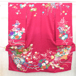 Children's kimono antique pure silk lined flower sentence flower car Hiogi Magenta Pink x multi -colored Taisho Roman Shichigosan girl display 125cm