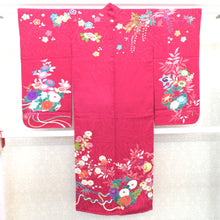 Load image into Gallery viewer, Children&#39;s kimono antique pure silk lined flower sentence flower car Hiogi Magenta Pink x multi -colored Taisho Roman Shichigosan girl display 125cm