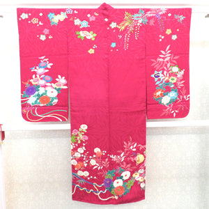 Children's kimono antique pure silk lined flower sentence flower car Hiogi Magenta Pink x multi -colored Taisho Roman Shichigosan girl display 125cm