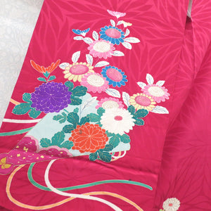 Children's kimono antique pure silk lined flower sentence flower car Hiogi Magenta Pink x multi -colored Taisho Roman Shichigosan girl display 125cm