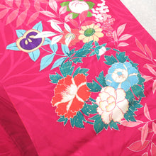 Load image into Gallery viewer, Children&#39;s kimono antique pure silk lined flower sentence flower car Hiogi Magenta Pink x multi -colored Taisho Roman Shichigosan girl display 125cm