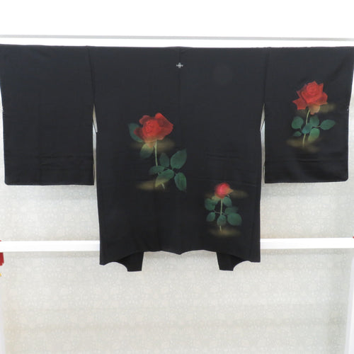 Haori Antique Rose Pattern One Crested Retsuke Court Pure Black Retro Modern Rose Black x Red Sticking Star Thread 80.3cm