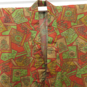 Wool kimono single orange system x green floral pattern retro wide collar casual kimono