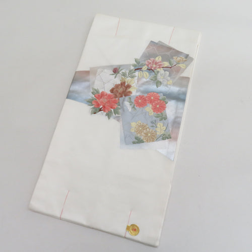 Nagoya obi Obi Nishijin weaving pure silk cream color x silver x multi -colored paper and flower patterns and unused items