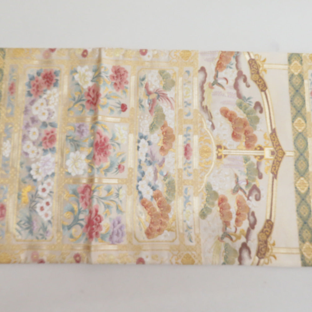 袋帯 正絹 金糸 金色ｘ多色 花鳥に兎文様 六通柄 フォーマル 礼装 長さ440cm【中古】 【キモノオフ野々市若松店】 袋帯 単品 正絹 六通柄 未使用 仕立て付 フォーマル 六通 西陣織