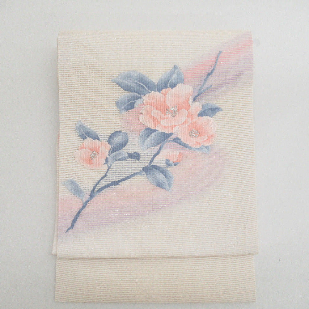 A 夏物 草花文様 金銀糸 滅紫色 太鼓 正絹 薄物 絽 紗 名古屋帯 名古屋帯 絽 夏用 花文様 クリーム色x薄ピンクx薄紫色 パステル計