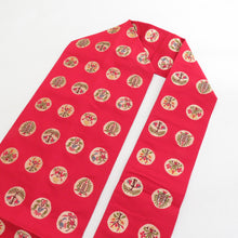 Load image into Gallery viewer, Nagoya Obi Hakkomi Obi Red X multi -colored ethnic toning round and bird pattern six -handed pure silk length 366cm