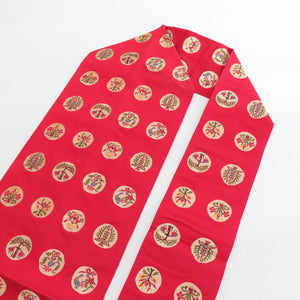 Nagoya Obi Obi Hakkomi Red X multi -colored ethnic toning round flower bird pattern six -handed pure silk length 366cm