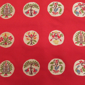 Nagoya Obi Obi Hakkomi Red X multi -colored ethnic toning round flower bird pattern six -handed pure silk length 366cm