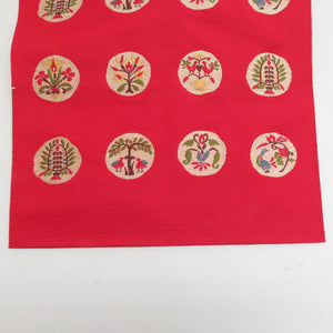 Nagoya Obi Obi Hakkomi Red X multi -colored ethnic toning round flower bird pattern six -handed pure silk length 366cm