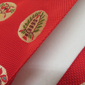 Nagoya Obi Obi Hakkomi Red X multi -colored ethnic toning round flower bird pattern six -handed pure silk length 366cm