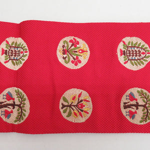 Nagoya Obi Obi Hakkomi Red X multi -colored ethnic toning round flower bird pattern six -handed pure silk length 366cm