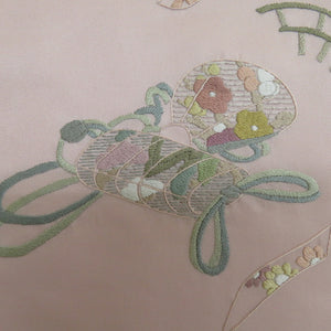 Nagoya Obi embroidery pattern Purgeous puped seal and shogi bird helmet pattern, such as pink multicolor pastel -based pure silk length 365cm