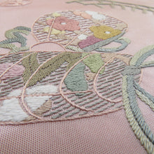 Load image into Gallery viewer, Nagoya Obi embroidery pattern Purgeous puped seal and shogi bird helmet pattern, such as pink multicolor pastel -based pure silk length 365cm