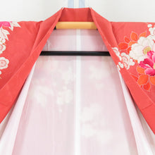 Load image into Gallery viewer, Visit clothes Antique old kimono lined brown collar one crest pure silk foil porch porch with flower pattern embroidery orange tailoring kimono retro Taisho romance 155cm