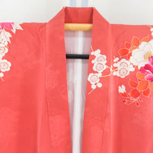 Load image into Gallery viewer, Visit clothes Antique old kimono lined brown collar one crest pure silk foil porch porch with flower pattern embroidery orange tailoring kimono retro Taisho romance 155cm