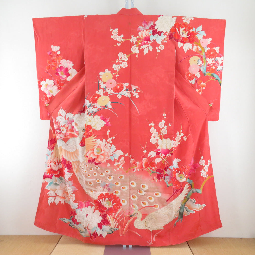 Visit clothes Antique old kimono lined brown collar one crest pure silk foil porch porch with flower pattern embroidery orange tailoring kimono retro Taisho romance 155cm