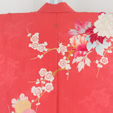 Load image into Gallery viewer, Visit clothes Antique old kimono lined brown collar one crest pure silk foil porch porch with flower pattern embroidery orange tailoring kimono retro Taisho romance 155cm