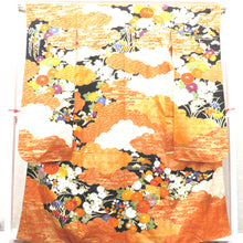 Load image into Gallery viewer, Kimono Silk Black Orange White Gold Kunori Gold Koma Koma Heavy Embroidery Flower Hitomi Wide Collar Graduation Formal Clearing College Light Kimono Industries 164.5cm