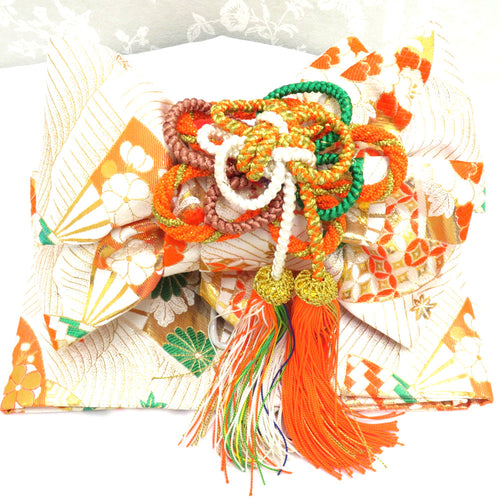 Children's kimono girls making obi 3 -year -old white gold orange Green Sanji Shichigosan Celebration Sunny Clear Stage Costume Cute Gorgeous Gorgeous