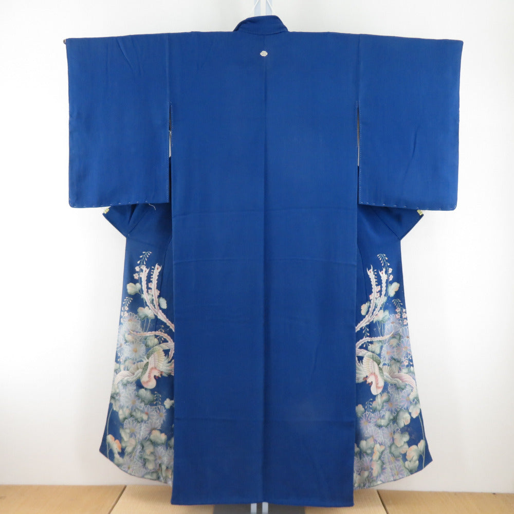 千寿】紋付き落ち着き紺色、色無地／アンティーク着物小紋昭和レトロ 