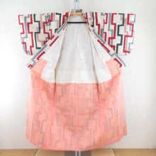 Load image into Gallery viewer, Komon Antique Antique Ena Meisen Kimono Lined Cream Color x Red x Pink x Green Geometric Pattern Bee Collar 147cm