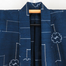 Load image into Gallery viewer, Tsumugi Kimono single garment on snow wheels with a dark blue pattern x gray pure silk wide collar loose size casual size 165cm