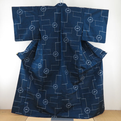 Tsumugi kimono single garment on snow wheels with a dark blue pattern x gray pure silk wide collar loose size casual size 165cm