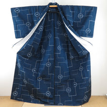 Load image into Gallery viewer, Tsumugi Kimono single garment on snow wheels with a dark blue pattern x gray pure silk wide collar loose size casual size 165cm