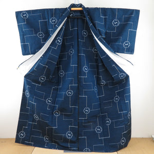 Tsumugi kimono single garment on snow wheels with a dark blue pattern x gray pure silk wide collar loose size casual size 165cm