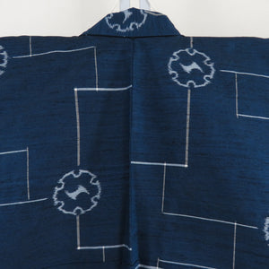 Tsumugi kimono single garment on snow wheels with a dark blue pattern x gray pure silk wide collar loose size casual size 165cm