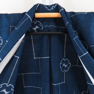 Tsumugi kimono single garment on snow wheels with a dark blue pattern x gray pure silk wide collar loose size casual size 165cm