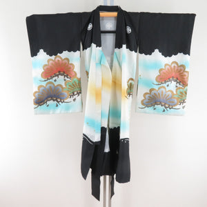 Children's kimono boys children's kids One body black x light blue x multicolor pure silk hawk -like boys Shichigosan celebration 96cm