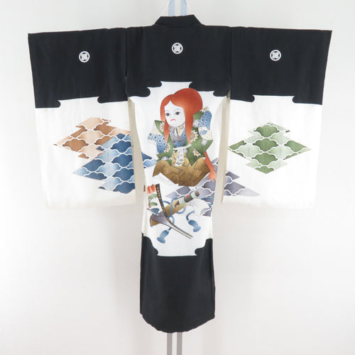 Children's kimono boy kids One black color x multicolor pure silk person pattern boy Shichigosan celebration pension 100cm