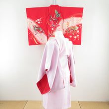 Load image into Gallery viewer, Children&#39;s kimono girls and sets and sets and sets red x green glitter foil fading fans on crane formal girls Shichigosan celebration children&#39;s height 86cm