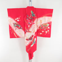 Load image into Gallery viewer, Children&#39;s kimono girls and sets and sets and sets red x green glitter foil fading fans on crane formal girls Shichigosan celebration children&#39;s height 86cm