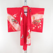 Load image into Gallery viewer, Children&#39;s kimono girls and sets and sets and sets red x green glitter foil fading fans on crane formal girls Shichigosan celebration children&#39;s height 86cm