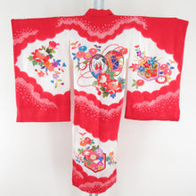 Load image into Gallery viewer, Children&#39;s kimono girl one body red x white squeezed foil on a drum in a drum in a crane formal girl Shichigosan celebration Children&#39;s height 98cm