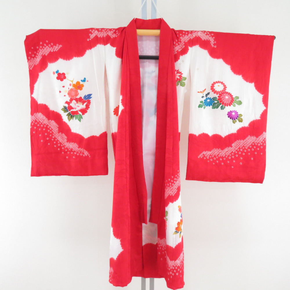 子供着物 十三詣り 花模様 鳥 紅赤色 CK-7375 子供着物 女の子用 一つ身 正絹 赤色x白色 絞り 箔入り 鼓に鶴文様