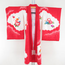 Load image into Gallery viewer, Children&#39;s kimono girl one body red x white squeezed foil on a drum in a drum in a crane formal girl Shichigosan celebration Children&#39;s height 98cm