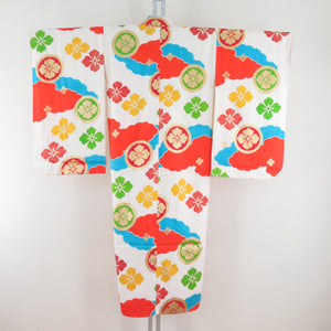 Children's kimono girls four -piece silk white x multicolor flower sentence