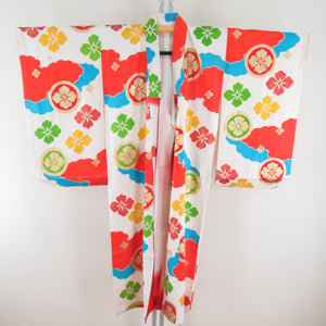 Children's kimono girls four -piece silk white x multicolor flower sentence