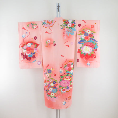 Children's kimono girls four -piece silk salmon pink x multicolor single crests pattern formal 7 -year -old girls Shichigosan celebration Children's height 120cm