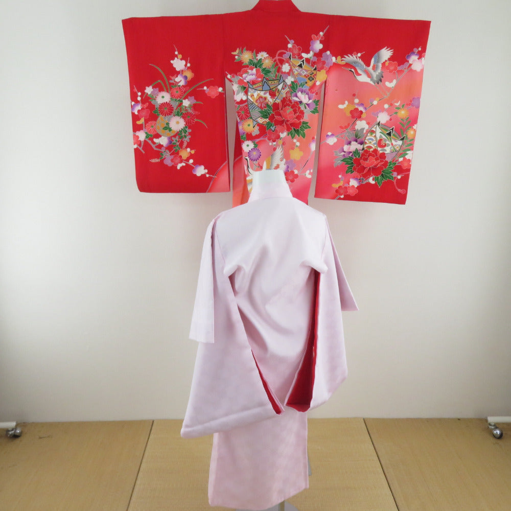 子供着物 女の子用 一つ身 襦袢とセット 赤ピンク色 花籠に鶴文様