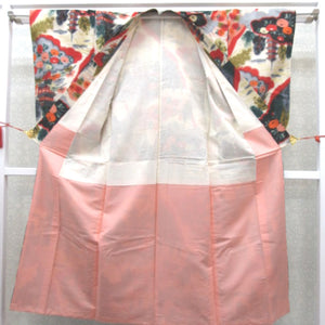 Enzen Antique Kimono Old Pure Silk Bachi Collar White Gray Black Red Pink Green Orange Tower Scenery Retro Modern Japanese Western Mixed Remake 148cm