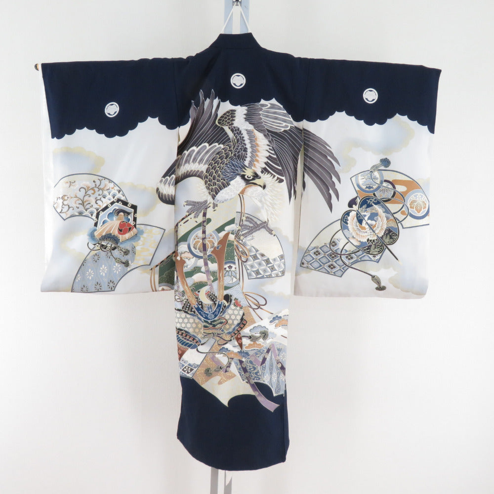 Children's kimono boy kids with one body with undergarments with undergarments x gray -gray pure silk hawk -like boys Shichigosan celebration 97cm