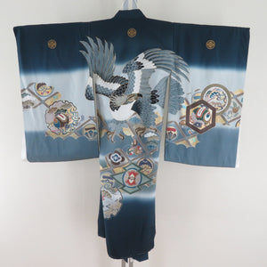 Children's kimono boys children's kids One body with undergarment blue x gray pure silk hawks