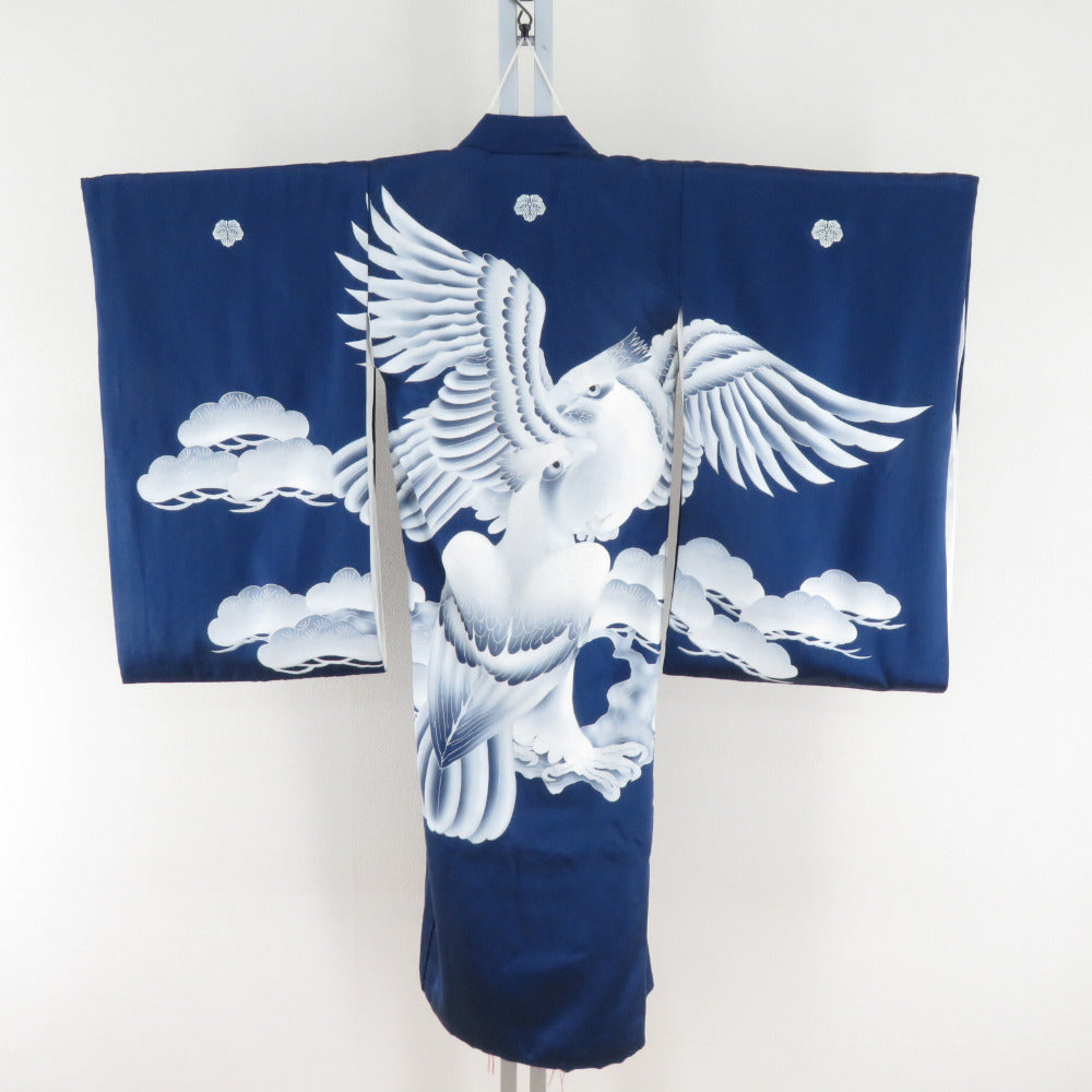 Children's kimono boys children's kids with undergarments blue x white x silver pure silk hawk -like boy boys 753 celebration 98cm