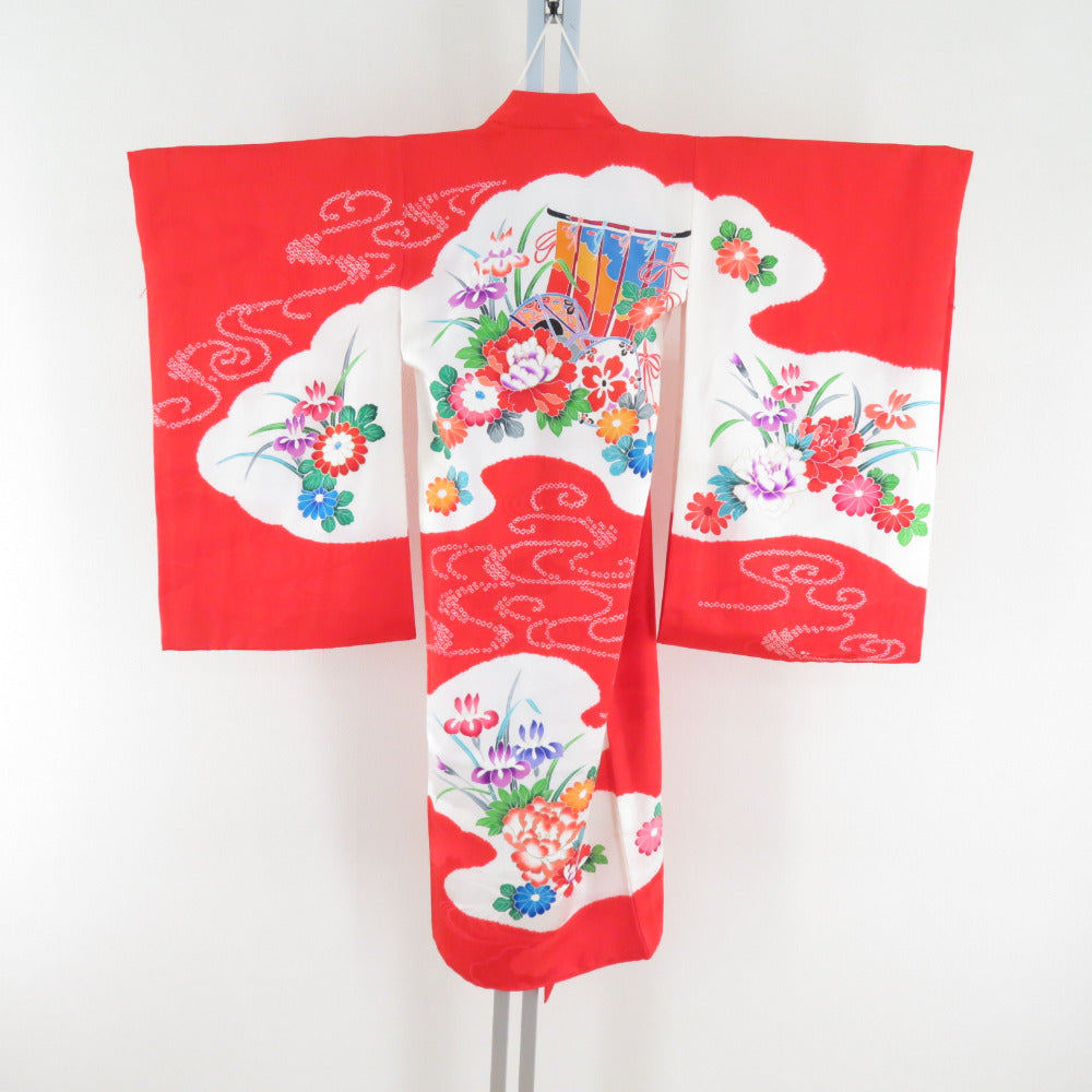 子供着物 女の子用 一つ身 正絹 赤色x白色x多色 絞り 鼓に花々紋様